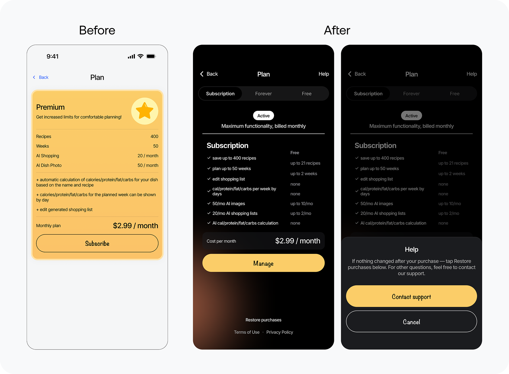 The purchase screen before and after adding the Help button